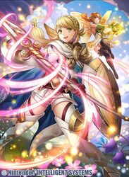  2girls armor bare_shoulders blonde_hair blue_sky boots braid cape closed_mouth cloud cloudy_sky commentary_request company_name copyright_name dress fairy fairy_wings fensalir fire_emblem fire_emblem_cipher fire_emblem_heroes flower full_body fumi_(butakotai) gloves gradient_hair green_eyes hair_between_eyes holding holding_weapon long_hair long_sleeves looking_at_viewer low-tied_long_hair multicolored_hair multiple_girls official_art open_mouth peony_(fire_emblem) pink_hair pointy_ears polearm purple_eyes scale_armor sharena_(fire_emblem) shield short_dress shorts shoulder_armor shoulder_pads sidelocks sky smile spear striped thigh_boots thighhighs thighs vertical_stripes weapon wings 