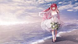  absurdres atelier_live barefoot beach blue_eyes blush bouquet breasts commentary dragon_horns dress english_commentary female flower highres holding holding_bouquet horns kuzuryu_io long_hair medium_breasts ocean open_mouth outdoors ragi_(diabolik_angle) red_hair rose second-party_source smile solo virtual_youtuber water white_dress white_flower white_rose 