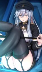  86_-eightysix- absurdres bad_id bad_pixiv_id black_hat black_thighhighs blue_eyes blue_hair blush breasts chin_gero commentary_request female garter_straps hat highres holding holding_whip light_blue_hair long_hair looking_at_viewer military military_hat military_uniform multicolored_hair open_mouth sitting solo thighhighs thighs uniform vladilena_millize 