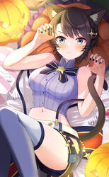  absurdres animal_ear_fluff animal_ears banana_de_ikopon bed_sheet belt black_nails black_ribbon blush braid breasts brown_hair candy cat_ears cat_girl cat_tail commentary_request feet_out_of_frame female food from_above frown glowing grey_shirt hair_ornament hairclip highres hololive jack-o&#039;-lantern knees_together_feet_apart knees_up lace lace_panties legs looking_at_viewer lying medium_breasts midriff nail_polish navel neck_ribbon official_alternate_costume on_back oozora_subaru oozora_subaru_(work) panties paw_pose pillow ribbon shiny_skin shirt short_hair short_shorts shorts side_slit sleeveless sleeveless_shirt solo striped_clothes striped_shirt suspender_shorts suspenders swept_bangs tail thighs underwear vertical-striped_clothes vertical-striped_shirt virtual_youtuber whiskers white_belt 