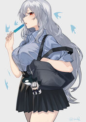  absurdres alternate_costume arknights bag black_skirt blue_shirt breasts charm_(object) commentary_request cowboy_shot female food grani_(arknights) grey_background grey_hair hand_up hati105 highres holding holding_food large_breasts long_hair looking_at_viewer miniskirt no_headwear parted_lips partial_commentary pleated_skirt popsicle red_eyes shirt shirt_tucked_in short_sleeves simple_background skadi_(arknights) skirt solo standing tented_shirt very_long_hair 