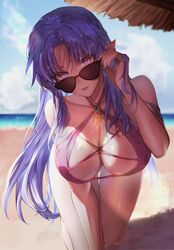  absurdres adjusting_eyewear all_fours beach blue_eyes blue_hair blurry blurry_background braid breasts brooch cleavage commentary_request commission day fate/grand_order fate/stay_night fate_(series) female highres horizon jewelry kokollet large_breasts lipstick long_hair looking_at_viewer looking_over_eyewear makeup medea_(fate) ocean outdoors parted_lips pointy_ears second-party_source skeb_commission solo sunglasses sweat swimsuit 