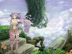  above_clouds ahoge black_wings blush breasts cleavage closed_mouth cloud cloudy_sky demon_wings detached_sleeves feather_skirt feather_sleeves feathers female flower full_body hair_flower hair_ornament head_wings highres in-universe_location jewelry long_hair looking_at_viewer medium_breasts navel nidhoggr_(ragnarok_online) parted_bangs pink_flower pointing pointing_to_the_side purple_eyes purple_footwear purple_hair purple_skirt purple_sleeves ragnarok_online ring skirt sky smile solo standing tree very_long_hair vicsen-u5 wavy_hair wings 