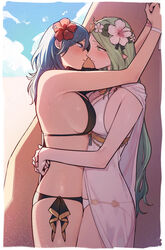  2girls arms_around_neck arms_around_waist bikini black_bikini blue_eyes blue_hair blush border breast_press breasts byleth_(female)_(fire_emblem) byleth_(female)_(summer)_(fire_emblem) byleth_(fire_emblem) cleavage cloud commentary_request day eye_contact fire_emblem fire_emblem:_three_houses fire_emblem_heroes flower from_side green_eyes green_hair hair_between_eyes hair_flower hair_ornament head_wreath hibiscus highres ikarin imminent_kiss large_breasts long_hair looking_at_another multiple_girls official_alternate_costume outdoors parted_lips pink_flower pointy_ears profile red_flower rhea_(fire_emblem) rhea_(summer)_(fire_emblem) see-through sky sweat swimsuit symmetrical_docking very_long_hair white_bikini white_border yuri 