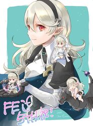  4girls armor aura black_hairband blue_cape cape chibi closed_eyes closed_mouth corrin_(female)_(adrift)_(fire_emblem) corrin_(female)_(fire_emblem) corrin_(female)_(summer)_(fire_emblem) corrin_(fire_emblem) dark_aura dated dragon dragon_tail dress fire_emblem fire_emblem_fates fire_emblem_heroes flower hair_flower hair_ornament hairband knees_up long_hair multiple_girls multiple_persona official_alternate_costume open_mouth pointy_ears red_eyes riding robaco simple_background sitting sitting_on_shoulder smile swimsuit tail white_dress white_hair wyvern 