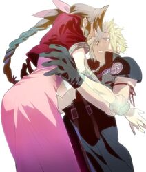  1boy aerith_gainsborough arm_ribbon armor asymmetrical_hair black_gloves black_shirt blonde_hair blue_eyes bracelet braid braided_ponytail brown_hair cloud_strife collaboration couple cropped_jacket crying dress female final_fantasy final_fantasy_vii final_fantasy_vii_advent_children ghost gloves hair_ribbon high_collar highres jacket jewelry long_dress mikuroron muscular muscular_male open_collar outstretched_arms parted_lips pink_dress red_jacket ribbon shirt shoulder_armor sidelocks spiked_hair straight strap talesofmea tears transparent upper_body white_background 