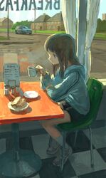  black_eyes black_hair black_shorts blue_hoodie cafe car chair checkered_floor coffee coffee_mug commentary cup female food highres holding holding_cup hood hood_down hoodie house indoors lamppost long_hair menu motor_vehicle mug on_chair original painterly pepper_shaker plate profile reflection restaurant road salt_shaker sandwich scenery shoes shorts sitting sneakers socks solo street table tokunaga_akimasa white_socks window 