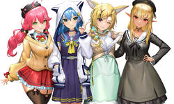  4girls ahoge animal_ear_headwear animal_ears animal_hood bell belt beret black_beret black_bow black_bowtie black_choker black_hair black_jacket black_thighhighs blonde_hair blue_eyes blue_hair blush bow bowtie breasts brown_jacket brown_shirt cardigan choker closed_mouth clothing_cutout commentary cowboy_shot cropped_jacket dark-skinned_female dark_skin dress earrings english_commentary eyelashes fake_animal_ears flat_chest flower fox_ears frilled_skirt frills garter_straps green_eyes green_hair green_skirt grey_belt grey_dress hair_between_eyes hair_flower hair_ornament hair_over_one_eye hairclip hand_in_pocket hand_on_own_hip hat highres hololive hood hood_up hooded_jacket hoshimachi_suisei hoshimachi_suisei_(school_uniform) jacket jewelry jingle_bell light_blue_hair long_hair long_sleeves looking_at_viewer makeup mascara medium_breasts medium_hair miniskirt mixed-language_commentary multicolored_hair multiple_girls neck_bell neck_ribbon official_alternate_costume omaru_polka omaru_polka_(street_casual) one_eye_closed open_clothes open_jacket parted_bangs parted_lips pearl_earrings pink_hair plaid plaid_skirt pleated_skirt pointy_ears purple_choker purple_eyes purple_shirt purple_skirt red_bow red_bowtie red_eyes red_skirt ribbon sailor_collar sakura_miko sakura_miko_(casual) school_uniform serafuku shiranui_flare shiranui_flare_(street) shiranui_kensetsu shirt shirt_tucked_in short_sleeves shoulder_cutout side-by-side sidelocks simple_background skirt smile star_(symbol) star_in_eye streaked_hair sunkilow symbol_in_eye thighhighs twintails two-tone_hair v vest virtual_youtuber white_background white_belt white_jacket white_shirt white_vest yellow_cardigan zettai_ryouiki 