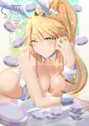  absurdres ahoge animal_ears artoria_pendragon_(fate) artoria_pendragon_(swimsuit_ruler)_(fate) ass bad_id bad_pixiv_id bare_shoulders blonde_hair blush braid breasts cleavage closed_mouth detached_collar fake_animal_ears fate/grand_order fate_(series) female french_braid green_eyes hair_between_eyes highleg highleg_leotard highres large_breasts leaning_forward leotard long_hair looking_at_viewer nakagawa_kanon_(pixiv32798535) playboy_bunny poker_chip ponytail pot_of_greed rabbit_ears sidelocks smile tiara white_leotard wrist_cuffs yu-gi-oh! 