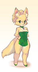  animal_ear_fluff animal_ears animal_nose arms_behind_back blonde_hair body_fur breasts brown_fur commentary female furry furry_female green_eyes hair_between_eyes looking_to_the_side medium_breasts medium_hair oerba_yun_fang original snout solo standing tail two-tone_fur wkar yellow_fur 