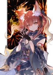  animal_ears anthuria anthuria_(yukata)_(granblue_fantasy) bag bagged_fish black_gloves black_kimono blurry blurry_background breasts cleavage cleavage_cutout closed_mouth clothing_cutout detached_sleeves erune female fireworks fish floral_print flower gloves goldfish granblue_fantasy hair_flower hair_ornament highres holding holding_bag japanese_clothes kanaria_(fuusenkazura) kimono long_hair looking_at_viewer official_alternate_costume orange_eyes own_hands_together raised_eyebrows red_hair single_glove sleeveless sleeveless_kimono smile solo steepled_fingers twintails upper_body 