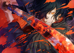  1boy alternate_costume black_hair blood blood_splatter chidoriasunaro close-up fate/grand_order fate_(series) fighting_stance flower glowing glowing_eye hair_over_one_eye hat holding holding_sword holding_weapon japanese_clothes katana koha-ace long_hair long_sleeves looking_at_viewer male_focus okada_izou_(fate) orange_eyes orange_flower ponytail reflection scarf smile solo sword weapon 