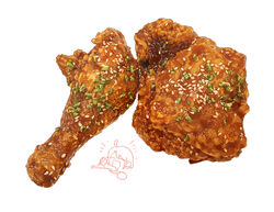  chicken_(food) chives emufaasu food food_focus fried_chicken highres no_humans original sauce sesame_seeds simple_background still_life twitter_username white_background 