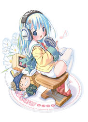  1boy bloomers bloomers_on_head blue_eyes blue_hair blush female headphones highres holding holding_microphone microphone musical_note object_on_head original panties polka_dot polka_dot_panties pop_(electromagneticwave) school_uniform serafuku shoes sitting stool thighhighs underwear uwabaki white_legwear yellow_serafuku 