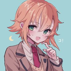  1boy :d blazer blonde_hair blue_background blush brown_jacket collared_shirt commentary_request crescent green_eyes hair_between_eyes hand_up jacket karunabaru long_sleeves male_focus necktie nijisanji open_clothes open_jacket open_mouth red_necktie scratching_cheek shirt simple_background sleeves_past_wrists smile solo sweat sweater_vest upper_body uzuki_kou uzuki_kou_(3rd_costume) virtual_youtuber white_shirt 