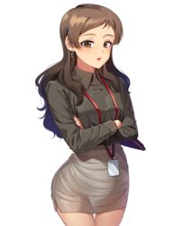  :o black_shirt brown_eyes brown_hair commentary cowboy_shot dress_shirt earrings female grey_skirt half-closed_eyes high-waist_skirt highres holding idolmaster idolmaster_million_live! idolmaster_million_live!_theater_days jewelry kamille_(vcx68) kitazawa_shiho lanyard long_hair long_sleeves looking_at_viewer miniskirt office_lady pantyhose parted_lips pencil_skirt see-through see-through_legwear shirt skirt solo standing swept_bangs wallet women&#039;s_wallet 