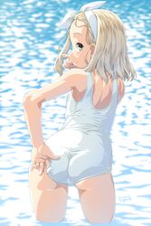  adjusting_clothes adjusting_swimsuit ass blonde_hair blush dated dd_(ijigendd) female from_behind hairband head_tilt highres i-504_(kancolle) kantai_collection looking_at_viewer luigi_torelli_(kancolle) one-piece_swimsuit short_hair signature smile solo swimsuit wading water white_hairband white_one-piece_swimsuit yellow_eyes 