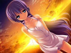  arms_behind_back blue_eyes closed_mouth collarbone cowboy_shot dress dutch_angle female floating_hair fumio_(ura_fmo) game_cg gradient_sky hair_between_eyes halterneck hoshiuta long_hair looking_at_viewer ocean official_art purple_hair purple_sky short_dress sky sleeveless sleeveless_dress smile solo standing sundress sunset very_long_hair white_dress yamabuki_renge yellow_sky 