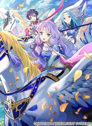  3girls aqua_eyes aqua_hair armor belt blue_hair blue_sky breastplate circlet closed_mouth cloud cloudy_sky commentary_request company_connection company_name copyright_name day farina_(fire_emblem) fiora_(fire_emblem) fire_emblem fire_emblem:_the_blazing_blade fire_emblem_cipher florina_(fire_emblem) hair_ornament holding holding_weapon horseback_riding light_purple_hair long_hair multiple_girls official_art open_mouth outdoors pegasus pegasus_knight_uniform_(fire_emblem) petals polearm riding short_hair shoulder_armor shoulder_pads sky smile spear tobi_(kotetsu) weapon wings 