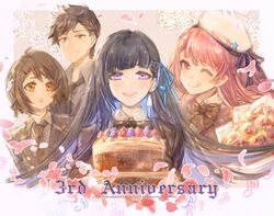  1boy 3girls anniversary ayla:_kaleido_(punishing:_gray_raven) ayla_(punishing:_gray_raven) black_dress black_hair blue_hair blue_ribbon brown_hair brown_jacket brown_necktie brown_shirt cake character_request closed_mouth collared_shirt colored_inner_hair dress food hair_ribbon highres holding holding_cake holding_food jacket long_hair medium_hair mt0z multicolored_hair multiple_girls necktie one_eye_closed open_mouth orange_eyes punishing:_gray_raven red_hair ribbon selena:_tempest_(punishing:_gray_raven) selena_(punishing:_gray_raven) shirt short_hair teeth tongue tongue_out upper_teeth_only white_headwear 