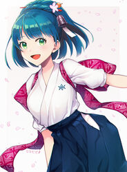  :d bell blue_hair blue_hakama breasts commentary_request copyright_request female flower green_eyes hair_bell hair_flower hair_ornament hakama hakama_skirt highres japanese_clothes kimono looking_at_viewer medium_breasts mugi_(iccomae) open_mouth pink_flower ponytail puffy_short_sleeves puffy_sleeves short_sleeves skirt smile solo white_kimono 