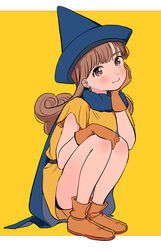  alena_(dq4) blush boots brown_eyes brown_hair cape curly_hair dragon_quest dragon_quest_iv dress female full_body gloves hat head_rest long_hair looking_at_viewer miyama_(kannsannn) pointy_hat simple_background smile solo squatting 