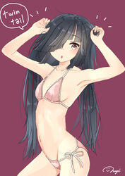  bikini black_hair breasts brown_eyes commentary cowboy_shot female grin hair_over_one_eye halterneck hayashimo_(kancolle) holding holding_own_hair kantai_collection long_hair looking_at_viewer nagi_(shunsuke-manage) purple_background side-tie_bikini_bottom signature small_breasts smile solo string_bikini swimsuit very_long_hair 