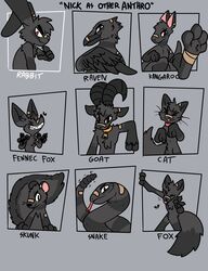  4_toes absurd_res anthro avian band-aid band-aid_on_face band-aid_on_nose bandage bandage_on_face bandage_on_nose bell bell_collar bird black_body black_feathers black_fur black_pawpads blep bovid canid canine caprine cheek_tuft chest_tuft closed_eyes collar corvid corvus_(genus) cowbell curved_horn domestic_cat english_text facial_tuft feathers feet felid feline felis fennec_fox fluffy fluffy_tail forked_tongue fox fur gesture goat grey_background grey_body grey_feathers grey_fur grin hand_gesture hi_res horn kangaroo lagomorph leporid macropod male mammal marsupial mephitid nick_(the_xing1) oscine passerine pawpads paws pit_viper rabbit rattle_(anatomy) rattlesnake raven reptile scalie simple_background skunk smile smirk smug smug_face snake solo tail text toes tongue tongue_out true_fox tuft v_sign viper xing1 