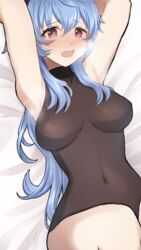  armpits arms_up bed_sheet black_leotard blue_hair blush breasts covered_navel female full-face_blush ganyu_(genshin_impact) genshin_impact heavy_breathing highres leotard long_hair looking_at_viewer lying medium_breasts on_back open_mouth purple_eyes rktsm sidelocks solo 