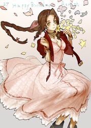  aerith_gainsborough boots bracelet braid braided_ponytail breasts brown_hair bug butterfly choker cropped_jacket dress falling_petals female final_fantasy final_fantasy_vii flower green_eyes grey_background hair_ribbon highres holding holding_flower jacket jewelry long_dress medium_breasts parted_bangs petals pink_dress red_jacket ribbon sidelocks solo talesofmea upper_body wavy_hair yellow_flower 