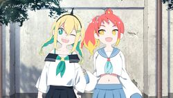  2girls :d ;d alternate_costume alternate_hairstyle amano_pikamee black_hairband black_sailor_collar black_skirt blonde_hair blue_neckerchief blue_sailor_collar blue_skirt bright_pupils collarbone commentary crop_top day fangs green_eyes green_hair green_neckerchief gyari_(imagesdawn) hair_between_eyes hairband hand_on_own_hip highres hikasa_tomoshika hikasa_tomoshika_(artist) long_sleeves midriff multicolored_hair multiple_girls nail_polish navel neckerchief off-shoulder_shirt off_shoulder official_art one_eye_closed open_mouth outdoors pleated_skirt puffy_long_sleeves puffy_sleeves red_hair sailor_collar school_uniform serafuku sharp_teeth shirt skirt sleeves_past_wrists smile teeth thick_eyebrows two-tone_hair virtual_youtuber voms wall white_pupils white_shirt yellow_eyes yellow_nails 