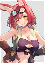  animal_ears bare_shoulders blush border breasts brown_gloves calm_mashiro cleavage cleavage_cutout clothing_cutout commentary_request female gloves goggles goggles_on_head grey_background grin hands_on_own_hips head_tilt hound_(sekaiju) hound_2_(sekaiju) large_breasts looking_at_viewer midriff navel one_eye_closed open_clothes open_vest outside_border pink_hair pouch rabbit_ears sekaiju_no_meikyuu sekaiju_no_meikyuu_5 short_hair simple_background smile solo stomach strapless tube_top upper_body vest white_border yellow_eyes 