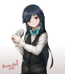  alternate_costume bartender black_hair black_pants black_vest brown_eyes cocktail_shaker cowboy_shot dress_shirt female gradient_background green_neckwear hair_over_one_eye hayashimo_(kancolle) highres kantai_collection ld_(luna_dial398) long_hair long_sleeves looking_at_viewer one-hour_drawing_challenge pants shirt smile solo twitter_username very_long_hair vest white_background white_shirt 