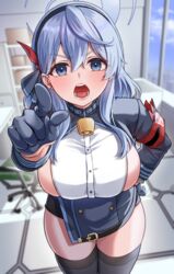  ako_(blue_archive) ako_suke armband bell black_gloves black_thighhighs blue_archive blue_eyes blue_hair blue_halo blush breasts cowboy_shot female gloves hair_between_eyes halo highres large_breasts long_hair looking_at_viewer neck_bell open_mouth pointing pointing_at_viewer sideboob sideless_shirt solo thighhighs 