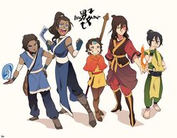  2boys 3girls aang avatar:_the_last_airbender avatar_legends barefoot black_hair blind blue_eyes bo_staff boomerang braid breasts brown_eyes brown_hair chinese_clothes choker commentary_request dark-skinned_female dark-skinned_male dark_skin english_commentary fire genderswap_(ftm) genderswap_(mtf) hair_bun holding holding_staff katara large_breasts long_hair medium_breasts mixed-language_commentary multiple_boys multiple_girls nose_picking open_mouth ponytail rule_63 scar short_hair simple_background single_hair_bun smile sokka staff t_k_g tattoo toph_bei_fong topknot water yellow_eyes zuko 