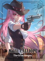  black_gloves blurry blurry_background breasts commentary cowboy_hat cowboy_western english_commentary english_text female fingerless_gloves from_side gloves gun hat highres holding holding_gun holding_weapon hololive hololive_english jyuma large_breasts long_hair mori_calliope mori_calliope_(sheriff) pink_hair red_eyes revolver solo virtual_youtuber weapon 