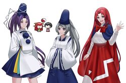  1boy 4girls :| arms_behind_back aroevela black_hair blue_cape blue_eyes blue_hakama blue_pants blue_ribbon blue_skirt breasts cape chibi closed_mouth commentary_request cosplay detached_sleeves forehead grey_hair hakama hakama_pants hands_in_opposite_sleeves hat hat_ribbon highres hong_meiling hong_meiling_(cosplay) horns japanese_clothes kariginu long_hair long_skirt long_sleeves meira_(touhou) mononobe_no_futo mononobe_no_futo_(cosplay) multiple_girls neck_ribbon pants pom_pom_(clothes) purple_eyes purple_hair red_hair red_hakama ribbon shingyoku_(female) shingyoku_(male) shingyoku_(touhou) shingyoku_(touhou)_(cosplay) shirt short_hair simple_background skirt small_breasts smile sun_print tabard tate_eboshi thighs touhou touhou_(pc-98) turtleneck upper_body very_long_hair white_background white_ribbon white_shirt white_tabard wide_sleeves 