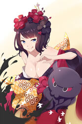  bare_shoulders blue_eyes blush breasts cleavage collarbone fate/grand_order fate_(series) female hair_ornament hairpin highres ink japanese_clothes katsushika_hokusai_(fate) kimono large_breasts licking_lips long_sleeves looking_at_viewer octopus off_shoulder purple_hair purple_kimono red_kimono saku_(kudrove) sash short_hair smile solo tokitarou_(fate) tongue tongue_out wide_sleeves 