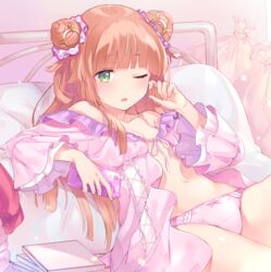  babydoll bed blush breasts brown_hair cellphone cleavage d; double_bun e_(eokiba) female green_eyes hair_bun hair_ornament hair_scrunchie holding holding_phone kimagure_temptation lying navel on_back one_eye_closed panties phone pillow pink_babydoll pink_panties rosy_(kimaten) rubbing_eyes sack scrunchie small_breasts smartphone solo underwear underwear_only 