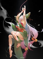  ass bare_legs barefoot black_background bondage bondage bound breasts cleavage dm_(dai_miao) dragon_boat_festival feet female food hair_ribbon highres huge_breasts large_breasts long_hair looking_at_viewer open_mouth original red_eyes ribbon soles toes very_long_hair white_hair zongzi 