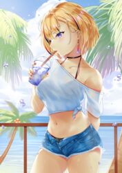  bikini bikini_under_clothes black_bikini black_choker blonde_hair blue_shorts breasts choker cloud coconut coconut_tree collarbone cup cutoff_jeans cutoffs day denim denim_shorts disposable_cup drink drinking drinking_straw earrings female hair_ornament hairclip halterneck highres holding holding_cup ice ice_cube jewelry kasoke_no_tsubasa looking_away medium_breasts midriff multicolored_hair nail_polish navel ocean off-shoulder_shirt off_shoulder open_clothes open_shorts original outdoors palm_tree purple_eyes purple_hair railing red_hair red_nails see-through see-through_silhouette shirt short_shorts short_sleeves shorts single_bare_shoulder solo stomach streaked_hair swimsuit tied_shirt tree water water_drop wet white_shirt 