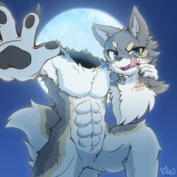  1:1 2020 abs acky05 animate_inanimate anthro blue_eyes canid canine canis detachable detachable_head featureless_crotch full_moon fur hand_on_head headless hi_res holding_head hollow_body kemono living_clothing living_costume living_fursuit looking_at_viewer male mammal moon solo tongue tongue_out unusual_anatomy white_body white_fur wolf 