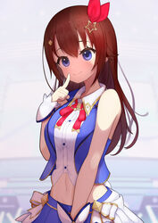  absurdres bare_shoulders blue_eyes blue_skirt blue_vest brown_hair collared_shirt crop_top cropped_shirt cropped_vest female hair_flaps hair_ornament hair_ribbon hairclip highres hololive idol long_hair lunch_boxer midriff miniskirt navel neck_ribbon pleated_skirt red_ribbon ribbon shirt skirt sleeveless sleeveless_shirt solo star_(symbol) star_hair_ornament tokino_sora tokino_sora_(1st_costume) vest virtual_youtuber white_shirt wrist_cuffs 