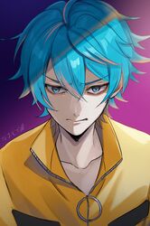  1boy ahoge blue_eyes blue_hair collarbone commentary_request from_argonavis gradient_background hair_between_eyes highres jacket male_focus mugi_(iccomae) nijou_haruka parted_lips purple_background solo upper_body v-shaped_eyebrows yellow_jacket 