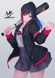  absurdres artist_name ball baseball baseball_(object) baseball_bat black_hair black_jacket closed_mouth commentary drawstring female grey_background grey_eyes grey_skirt hands_up highres holding holding_ball holding_baseball_bat hood hood_down hooded_jacket jacket long_hair long_sleeves looking_at_viewer multicolored_hair open_clothes open_jacket original pink_hair pleated_skirt ponytail shimmer shirt sidelocks skirt sleeves_past_wrists smile solo streaked_hair symbol-only_commentary white_shirt 