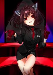  ahoge alternate_costume black_shirt black_suit copyright_name female floating_hair foot_out_of_frame gloves grin hair_intakes headgear index_finger_raised long_sleeves looking_at_viewer medium_hair miniskirt name_tag necktie open_hand pencil_skirt red_eyes red_gloves red_necktie scp_foundation shirt short_twintails skirt skirt_suit smile solo spotlight standing standing_on_one_leg suit touhoku_kiritan twintails voiceroid yodare_(3yami8) 