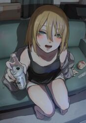  :d aki_(tabao) asahi_breweries bare_shoulders barefoot beer_can blonde_hair blue_eyes blush breasts can commentary couch drink_can female food hair_between_eyes half-closed_eyes highres indoors jacket looking_at_viewer medium_hair off_shoulder open_mouth original pudding shorts sitting smile solo spoon tabao tank_top teeth 