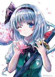  ;) absurdres ascot black_ascot black_bow black_hairband black_ribbon blue_eyes bow bowtie cherry_blossoms collared_shirt commentary eyes_visible_through_hair female ghost green_skirt green_vest grey_hair hair_ribbon hairband highres hitodama katana konpaku_youmu one_eye_closed petals ribbon shirt short_hair short_sleeves skirt smile suzushina sword touhou twitter_username upper_body vest weapon white_background white_shirt 