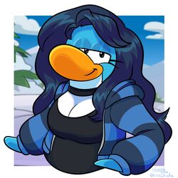  1:1 2023 anthro avian bird blue_hair breasts choker cleavage clothed clothing club_penguin doodle_(paeonypetals) female hair hi_res jewelry necklace paeonypetals penguin solo style_emulation 