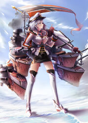  artillery azur_lane bad_id bad_pixiv_id black_skirt blue_eyes blue_sky boots cape commentary cross cross_earrings earrings female flag full_body fur-trimmed_boots fur-trimmed_cape fur_trim gloves hat holding holding_flag imperial_war_flag jacket jewelry looking_to_the_side medium_hair peaked_cap pencil_skirt rigging rudder_footwear skirt sky smokestack solo thigh_boots thighhighs tirpitz_(azur_lane) torpedo_launcher turret water white_cape white_footwear white_gloves white_hair white_hat white_jacket wing_collar yokaze_(yokajie) 